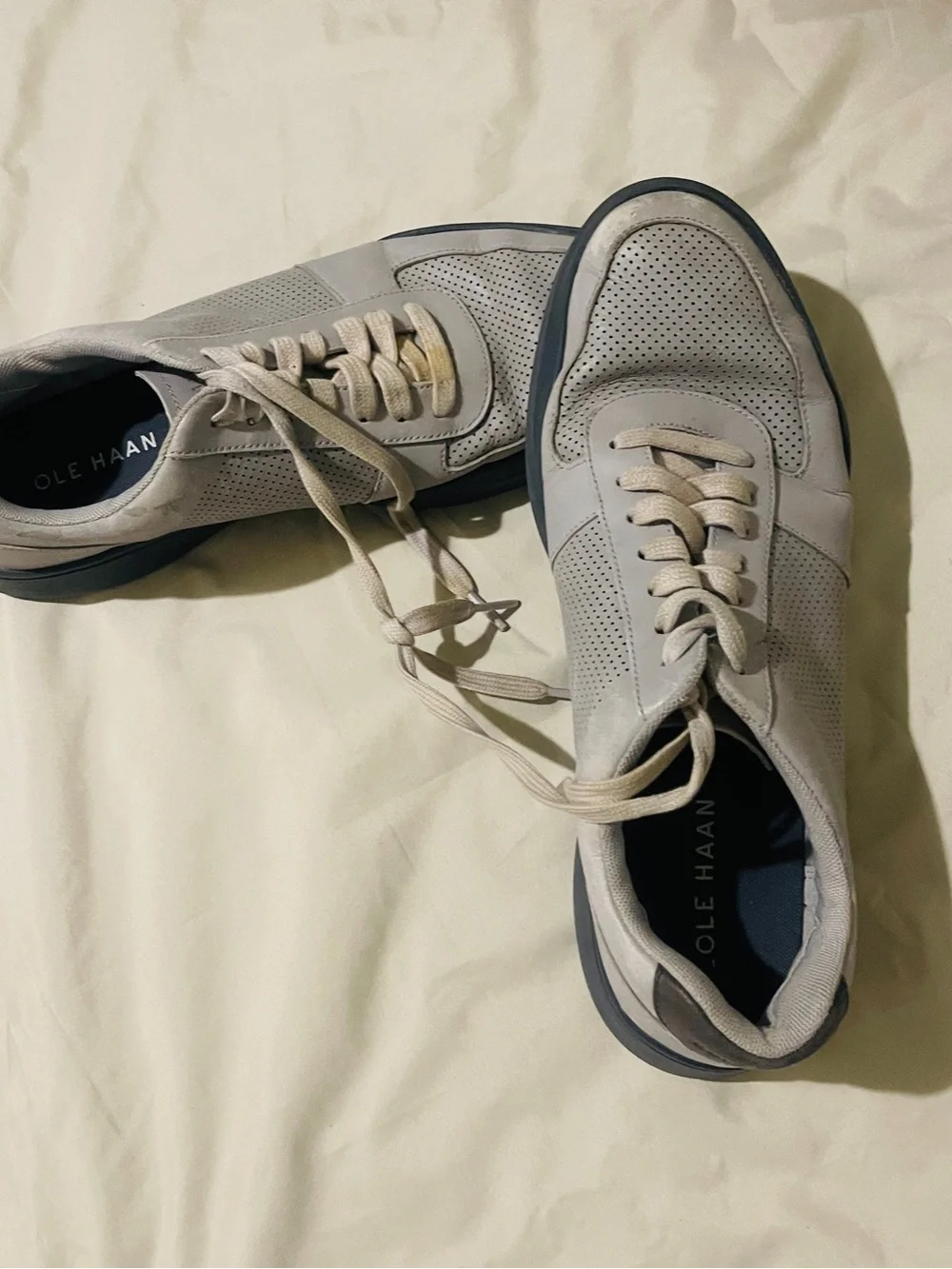 Cole Haan Men’s Light Gray Perforated Leather Sneakers with Navy Insole